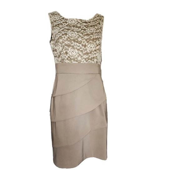 CONNECTED APPAREL Tan White Floral Lace Detail Sleeveless Dress Womens Size 6 - Picture 1 of 8